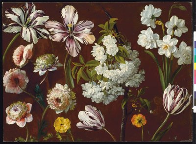 Lila tulipánok, fehér virágú prunus, nárcisz és rózsaszín krizantém (olaj, papír) alkotó: Pancrace Bessa