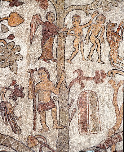Ádám és Éva a földi paradicsomi mozaikról vadászik Pantaleone papról és mozaikról. 1163-1166. Az otrantói székesegyház központi hajója alkotó: Pantaleon