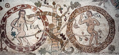 Ádám és Éva Pantaleone mozaik kísértése, pap és mozaik. 1163-1166. Otranto székesegyház központi hajója (Otranto), Olaszország alkotó: Pantaleon Pantaleon