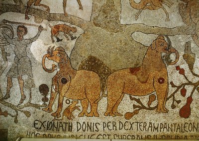 Két elefánt az Életfa gyökereinél (mozaik) alkotó: Pantaleone Pantaleone