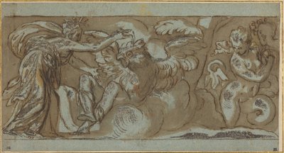 Ceres Ascalaphust gonosz előjelű madárrá változtatja (toll és barna tinta, barna mosással, fehérrel kiemelve, kék bordázott papíron) alkotó: Paolo Farinati