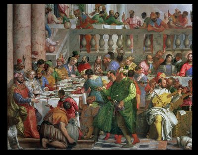 Házassági lakoma Kánában, lakomaasztal részlete zöld köpenyes férfival és törpével papagájjal, 1562 körül olaj, vászon, 94932 részlet alkotó: Paolo Veronese