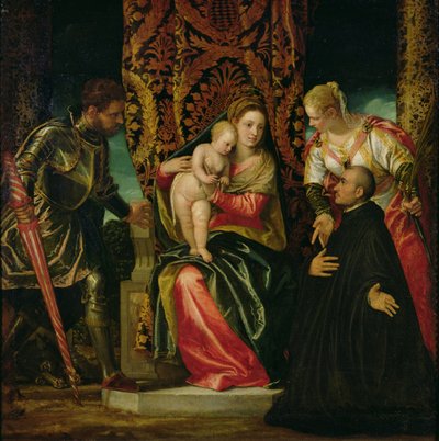 Szűz és gyermek Szent Justinus és Szent György között, egy bencés szerzetessel alkotó: Paolo Veronese