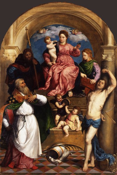 A trónoló Madonna gyermekkel és szentekkel, 1530 körül alkotó: Paris Bordone