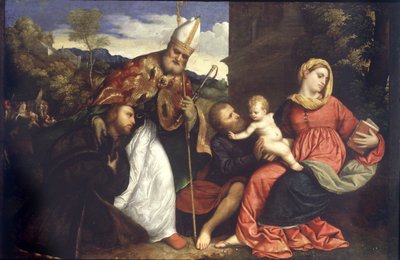 Szent Család Szent Ambrusszal adományozót bemutatva, 1525 körül (olaj, tábla) alkotó: Paris Bordone