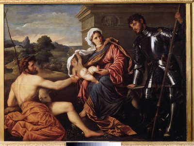 "Madonna és gyermeke, Keresztelő Szent János és Szent György" (Madonna és gyermeke, Keresztelő Szent János és Szent György) Paris Bordon vagy Bordone festménye (1500-1571) 1530 körül Pouchkine Múzeum, Moszkva alkotó: Paris Bordone