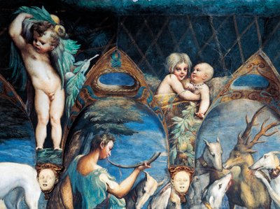 Kutyák támadták meg az Actaeont, részlet Diana és Actaeon mítoszából, 1524 körül, Francesco Mazzola, Parmigianino (1503-1540), freskó, Diana és Actaeon szobája, Rocca Sanvitale, Fontanellato, Parma közelében, Emilia-Romagna, Olaszország alkotó: Parmigianino (1503 40)