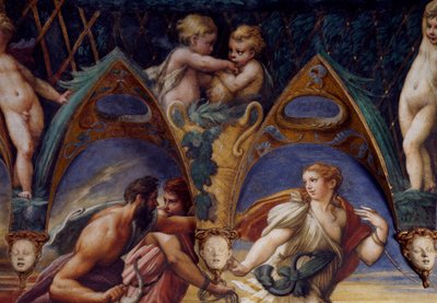 Actaeon társaival, részlet Diana és Actaeon mítoszából, 1524 körül, Francesco Mazzola, Parmigianino (1503-1540), freskó, Diana és Actaeon szobája, Rocca Sanvitale, Fontanellato, Parma közelében, Emilia-Romagna, Olaszország alkotó: Parmigianino