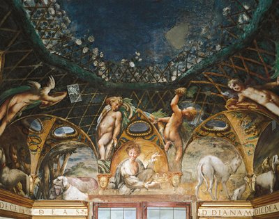Ceres vadászkutyákkal és kerubokkal körülvett eseményeken vesz részt a Diana mítoszából és az Actaeonból alkotó: Parmigianino