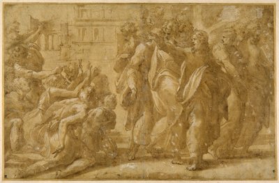 Krisztus tanítványaival meggyógyítja a leprásokat (toll, tinta, mosdó és testfesték papíron) alkotó: Parmigianino (1503 40)