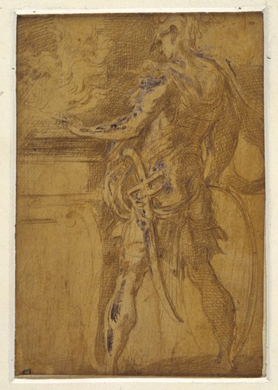 Mucius Scaevola kezét a lángok közé döfve (fémhegy sárgás talajon, papíron fehér testszín érinti) alkotó: Parmigianino (1503 40)