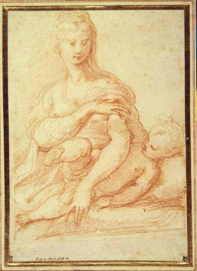 A Szűz a Gyermekkel az ölében játszik (piros kréta fehér papíron) alkotó: Parmigianino