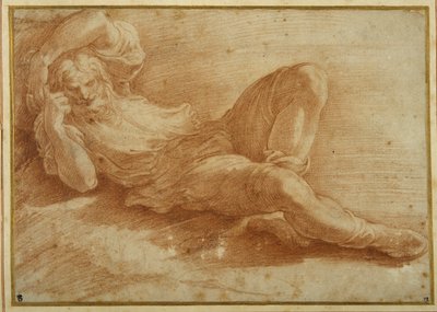 Szakállas alak, alszik (piros kréta fehér papíron) alkotó: Parmigianino