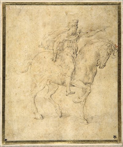 Lovas figura (toll és barna tinta, barna mosással, fehér papírra) alkotó: Parmigianino