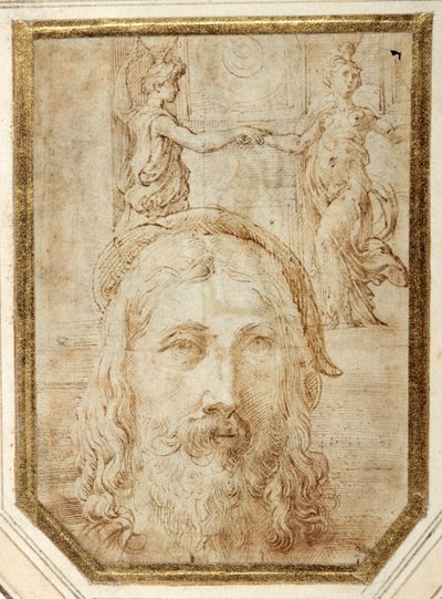 Önarckép, a Steccata két canephorijára vonatkozó előzetes tanulmányok alapján (toll és barna tinta fehér papíron) alkotó: Parmigianino