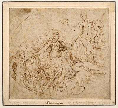 Tanulmány a Szűz koronázásáról a pármai Santa Maria della Steccata számára alkotó: Parmigianino