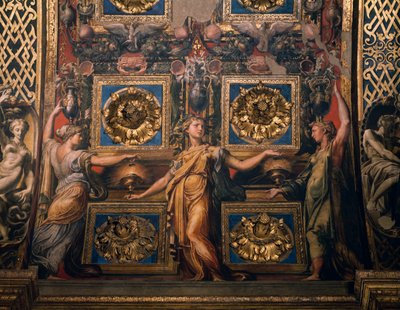 Három bölcs szűz, a Három bölcs szűz és három bolond szűz részlete, Francesco Mazzola, ismert mint Il Parmigianino, freskó, a presbitérium boltozatának alján, Santa Maria della Steccata kegyhely, Parma, Emilia-Romagna. Olaszország alkotó: Parmigianino