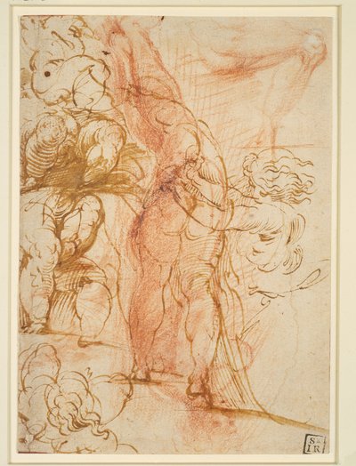Mehrere Beinstudien von Putten, einwärts laufender Männerakt, Beinstudie und stehende Figur alkotó: Parmigianino