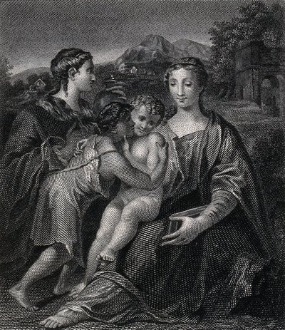 Szűz Mária (a Boldogságos Szűz) a gyermek Jézussal, Keresztelő Szent Jánossal és Szent Mária Magdolnával. Metszet G.F.M. Mazzola, il Parmigianino után. alkotó: Parmigianino