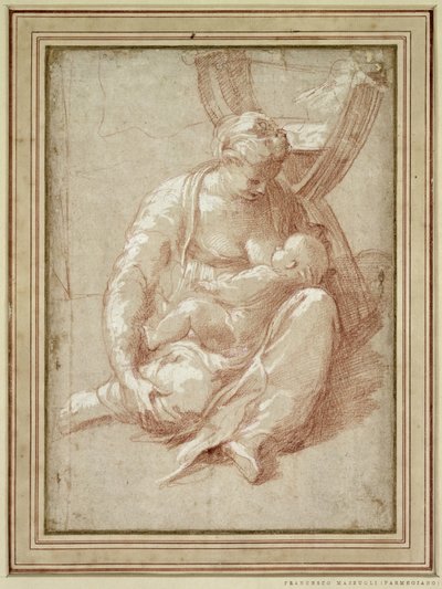 Szűz ül a földön, ápolja a gyermeket alkotó: Parmigianino