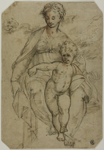 Szűz és gyermek (recto); Vázlat három szentről és karikatúra vázlat (fordítva) alkotó: Parmigianino