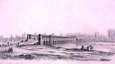Allah Verdi Khan híd, Iszfahánban, a „Voyage Pittoresque of Persia”-ból, Claude Sauvageot (1832-85) metszete, Lemercier, Párizs alkotó: Pascal Xavier (after) Coste