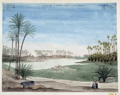 Egyiptom: Kilátás a Memphis melletti Metriham falura. Pascal Coste (1787-1879) 1819-es rajza, Mediterrán Régészeti Múzeum, Marseille alkotó: Pascal Xavier (after) Coste