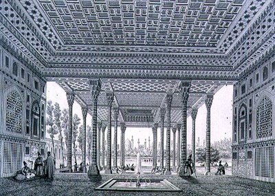 A tükörpavilon belső képe, Isfahan, 35. tábla a „Perzsa modern műemlékei”-ből, Claude Sauvageot (1832-85) és Jean Charles Huguet metszet alkotó: Pascal Xavier (after) Coste