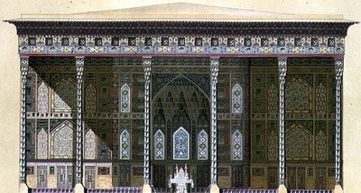 Chehel Situn pavilonja, vagy „a 40 oszlop”, Iszfahan, a „Perzsa modern emlékművei” 42-43. táblája, A. Levie metszet alkotó: Pascal Xavier (after) Coste