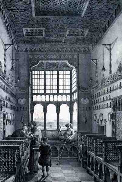 Tekintse meg egy fodrászüzlet belsejét a francia negyedben Quantarat El Gedydeh közelében, a „Voyage Pittoresque in Persia”-ból, Emile Edmond Ollivier (1800-64) metszete, kiadó Letronne, Párizs (metszet) alkotó: Pascal Xavier (after) Coste