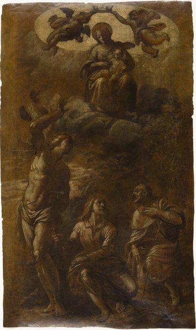 Szűz Mária és gyermeke dicsőségben, Szent Sebestyén, János evangélista és Rókus, 1610 körül (olaj, grafit (lakkozott), krémszínű papírra). alkotó: Pasquale Ottino