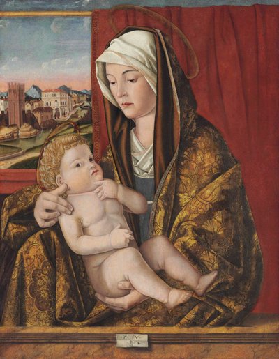 A Madonna és a gyermek (olaj és tempera a panelen, áthelyezve egy másik panelre) alkotó: Pasqualino Veneto (fl.1496 1504)