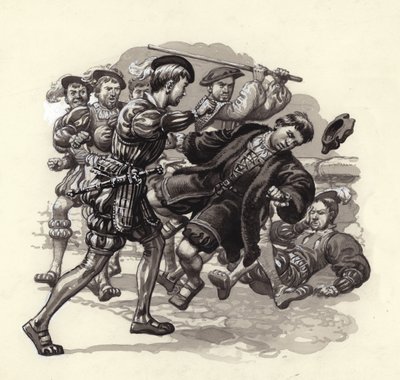 William Herbert megtámad egy ártatlan járókelőt Bristolban (gouache, papír) alkotó: Pat (1907 95) Nicolle