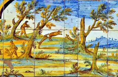 Nápoly, Olaszország (Napoli, Italia): chiostro maiolicato, monastero di Santa Chiara - a Santa Chiara kolostor majolikás kerengője (fajanszból), 18. század közepe - mitológiai jelenetek, tájképek és polikróm tengeri jelenetek majolikás díszítései, a 18. sz alkotó: Patrice Cartier