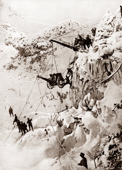 Olasz tüzérségi löveg felállítása egy hegycsúcson, 1914-1918 körül (fekete-fehér fotó) alkotó: Patrice Cartier