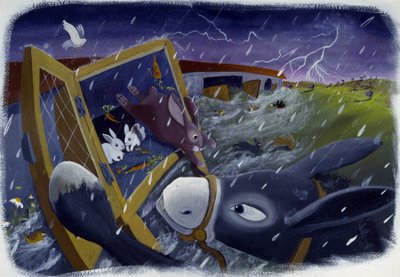 Állatok és Noé bárkája az özönvíz idején, Patrizia La Porta illusztrációja. alkotó: Patrizia La Porta