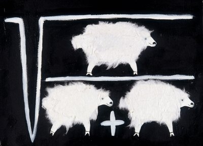 Klónozás: Matematikai szimbólum, amely négyzetgyök, osztás és összeadás számítási műveleteit ábrázolja, kísérleti nyúlként használt juhokkal. Fehér pamutkollázs fekete háttéren. alkotó: Patrizia La Porta
