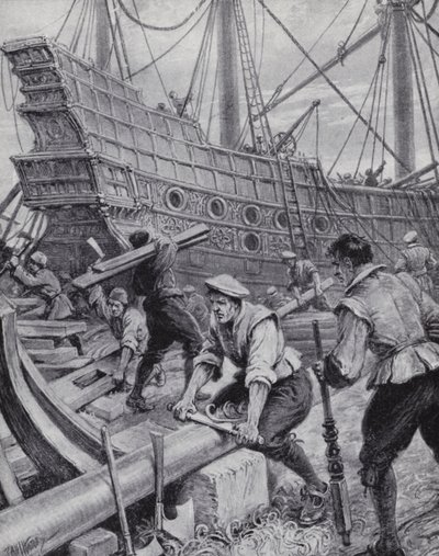 Az Ark Royal angol galleon építése, a spanyol Armada elleni küzdelem zászlóshajója 1588-ban (litho) alkotó: Paul (after) Hardy