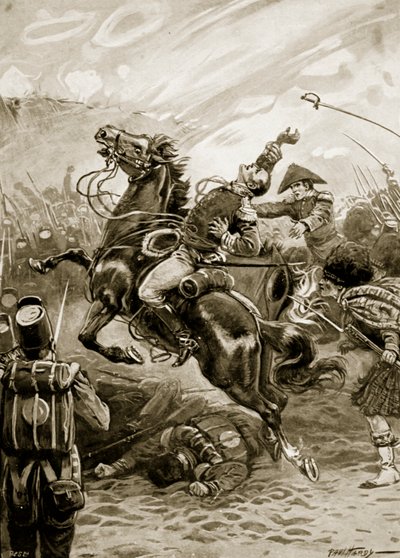 Sir Edward Pakenham halála, illusztráció a Tizenkilencedik század csatáiból, Archibald Forbes, G.A. Henty és Arthur Griffiths őrnagy (litho) alkotó: Paul (after) Hardy