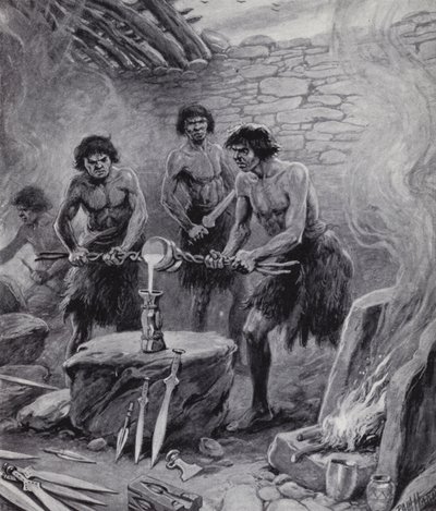 Öntödében dolgozó férfiak a bronzkorban (litho) alkotó: Paul (after) Hardy
