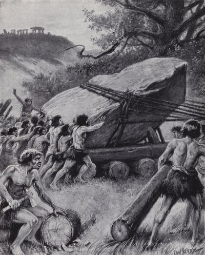 Paleolit emberek egy óriási kőlapot mozgatnak kerekeken (litho) alkotó: Paul (after) Hardy