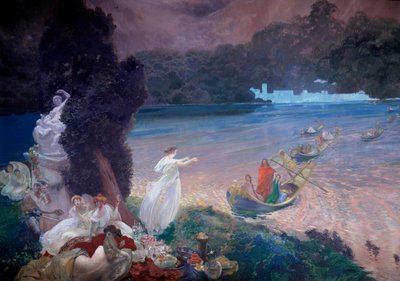 Boldog sziget: a mese jelenete, amely csónakokat ábrázol, amint vendégek csatlakoznak egy banketthez a füvön. Részlet Paul Albert Besnard (1849-1934) tapétára festett festményéről. 1900. Párizs, Dekoratív művészet alkotó: Paul Albert Besnard