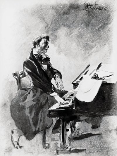 Frederic Chopin zeneszerző és zongoraművész zongorázik, Albert Besnard (1849-1934), akvarell alkotó: Paul Albert Besnard