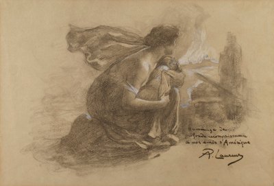 Anya és gyermek és égő falu alkotó: Paul Albert Laurens