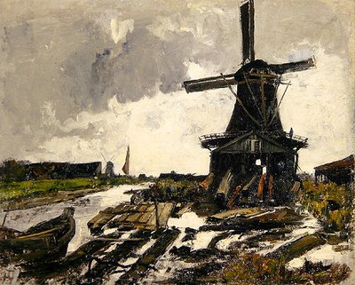 Holland, Csatorna-táj fafűrészes szélmalommal, 1885 körül (olaj, vászon) alkotó: Paul Baum