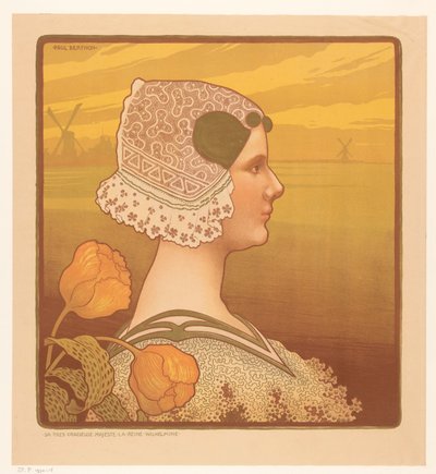 Vilmos királynő portréja népviseletben Sa très graceful majeste la reine Wilhelmine (cím a tárgyon) alkotó: Paul Berthon