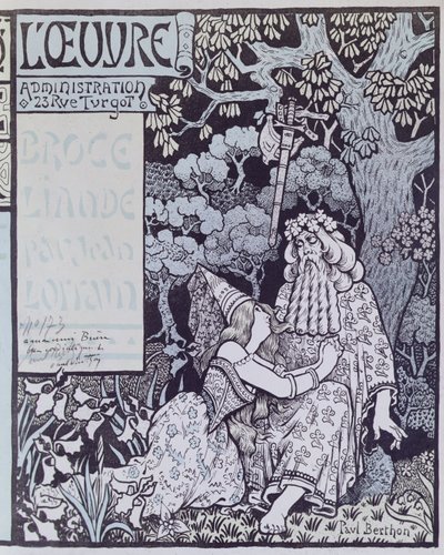 A varázsló Merlin és a tündér Vivien a broceliande-i erdőben, a „Broceliande”-ból, Jean Lorrain (1855-1906) drámája 1900 körül (fametszet) alkotó: Paul Berthon