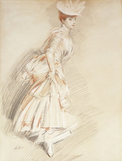 Elegáns hölgy, teljes hosszában állva, alkotó: Paul Cesar Helleu