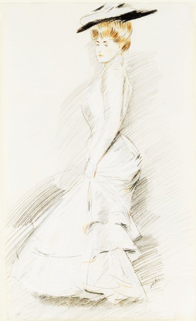 Egy elegáns hölgy fehér ruhában, alkotó: Paul Cesar Helleu