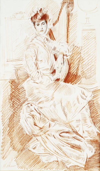Madame Helleu hárfa mellett ülve, alkotó: Paul Cesar Helleu